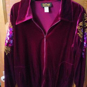 Womens L Vintage 1991 Wine Velvet w/ Embroidery Jacket- by Bob Mackie